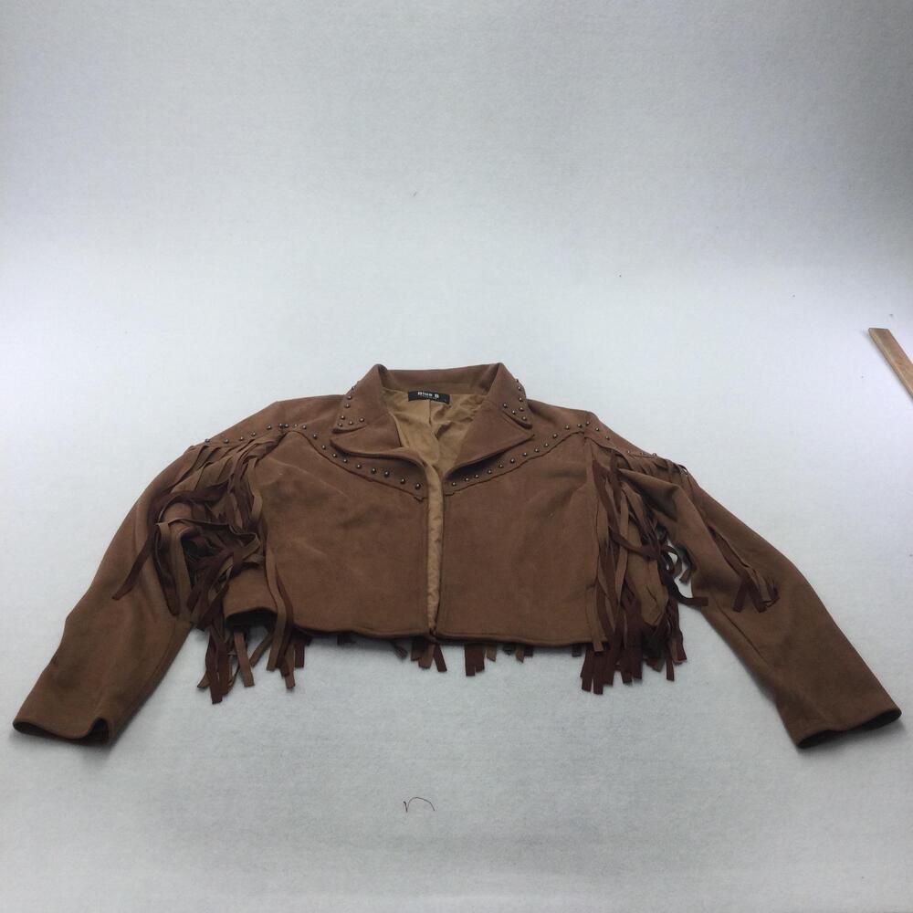 Blue B Jacket Womens Large Brown Fringe Studded Western Cropped Open Front